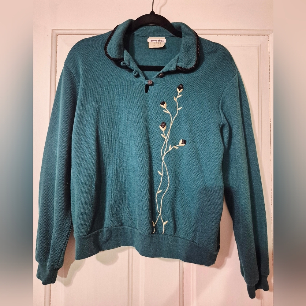 Teal Embroidered Sweater with Velvet Accents